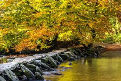 Beautiful autumn colours over the ancient clapper bridge at Tarr Steps