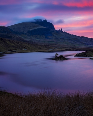 Sunrise from the south end of the loch, with the Old Man of Storr in the distance
