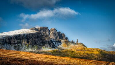 Close up view of the Old Man of Storr from the Loch Fada
