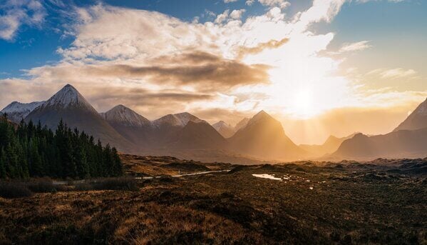 Sunrise view of the Cuillin Mountains.