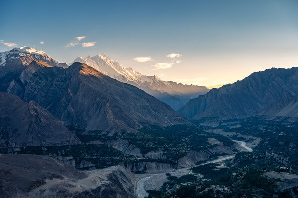 Hunza Valley view with the Rakaposhi Peak in the back captured during sunset.