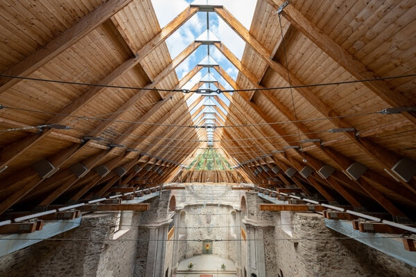 Under the glass roof in the interior of the Church of the Assumption of the Virgin Mary in Neratov