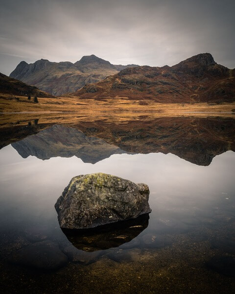 The view of Side Pike and the Langdale Pikes from the edge of Blea Tarn.