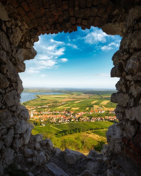View of the Pavlov village from one of the old castle window frames