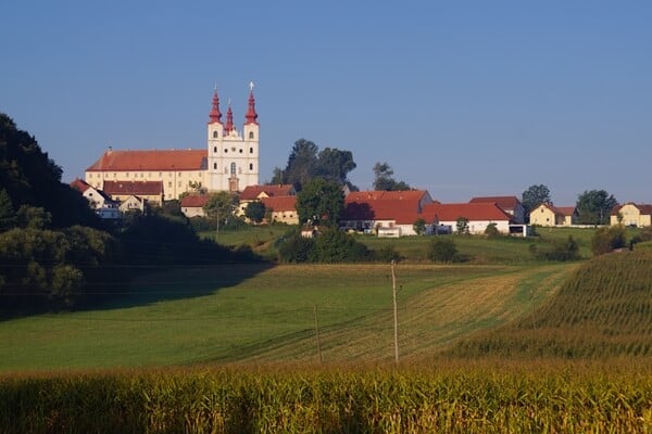 Village and church of Sveta Trojica, view from road east of village.