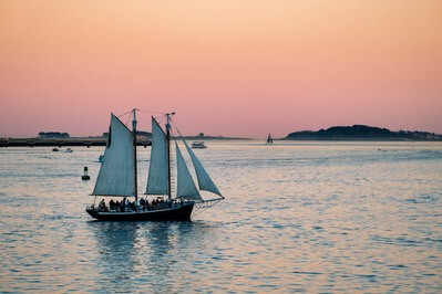 Tall ship out in Boston Harbor from Fan Pier Park