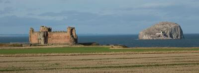 Tantallon Castle and Bass Rock from the entrance to the car park road
