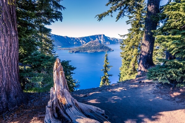 View of Wizard Island from the rim of Crater Lake