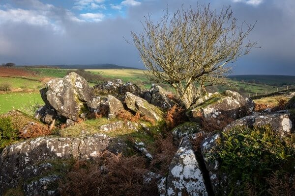 This was taken on one of those typical Dartmoor days where you get different types of weather happening all at the same time!  There were outbreaks of sunshine whilst on the horizon mist and darker clouds were forming.  I had to sit and wait for the sun to break out to get the shot I wanted.