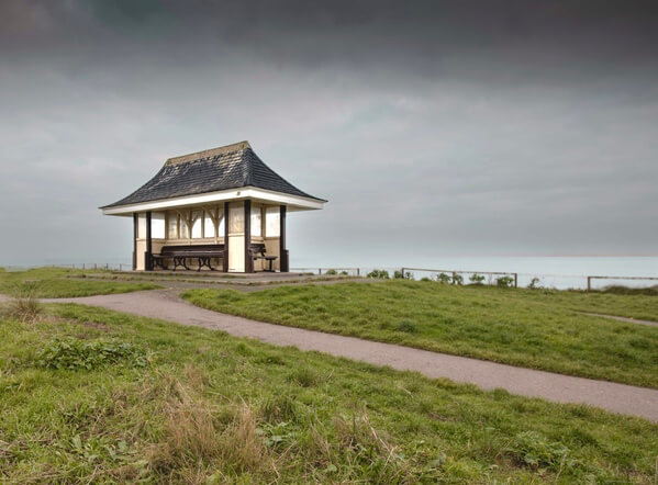 Victorian seafront shelter from pathway.