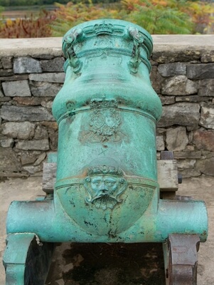 Spanish mortar used by French and subsequent occupying forces.  It was cast in 1724.  Phillip V of Spain is portrayed on the mortar.