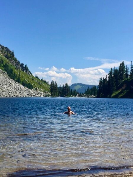 After a very hot hike (August) I felt this little dip in the alpine lake quite refreshing.  After all, I was alone in the wilderness.  Wink