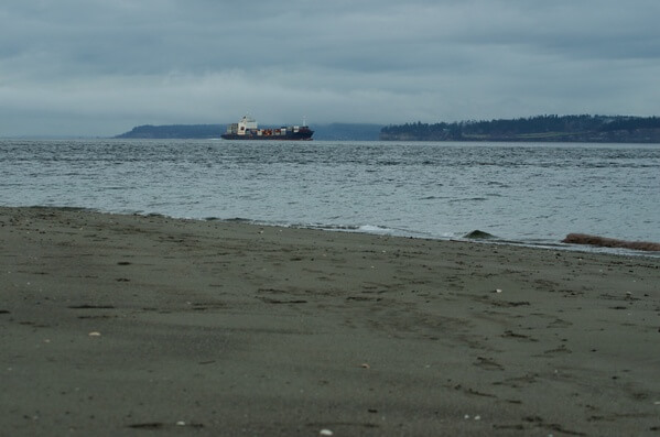 Large ship coming into Puget Sound past the lighthouse.