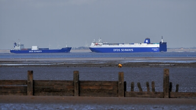 DFDS Seaways, ships inbound and outbound, passing in the Humber Estuary.