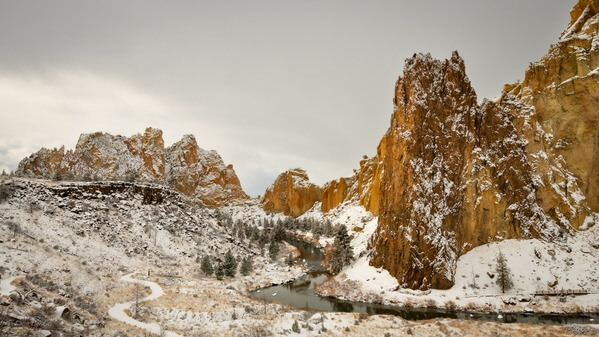 Smith Rock State Park covered with snow. 