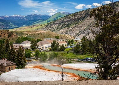 Taken from the upper Terraces overlooking the Mammoth Springs Hotel and beyond
