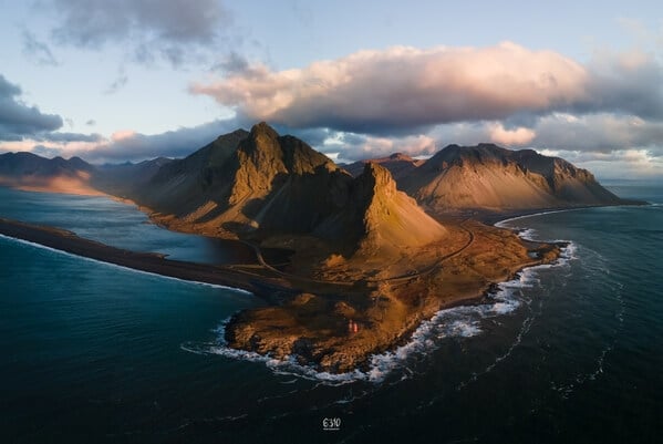 Photo captured with a drone on a windy sunrise at Vestrahorn