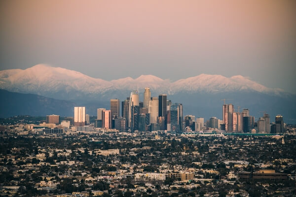 Taken at sunset in the month of February. Looking northeast towards downtown with snowcapped Mount Baldy in the background.