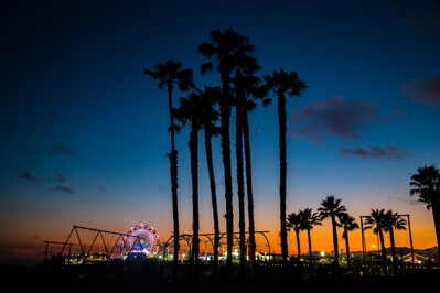 Sunset over Santa Monica Pier with palm trees.