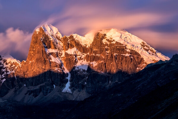 Sunset over the Nevados Cuyoc, 5.850 and 5.852 m., from the camp at Quebrada Huanacpatay, 4,450 m., Cordillera de Huayhuash, Peru