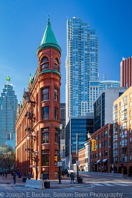 Shot from the traffic island across Church Street from the Gooderham Building