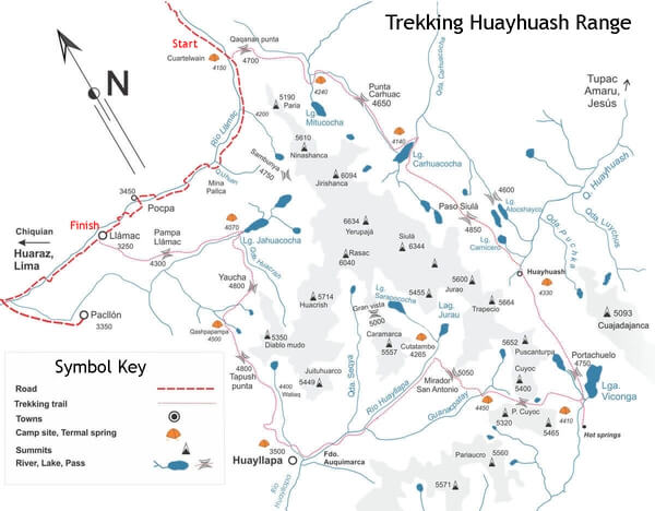 Map of Cordillera Huayhuash, Perú, with the trekking route.