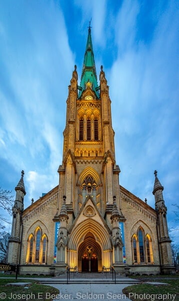 Vertical panorama shot from sidewalk in front of the church