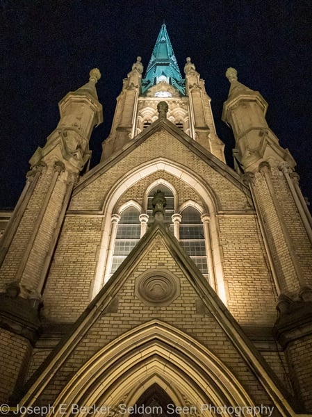 The west side of the steeple at night