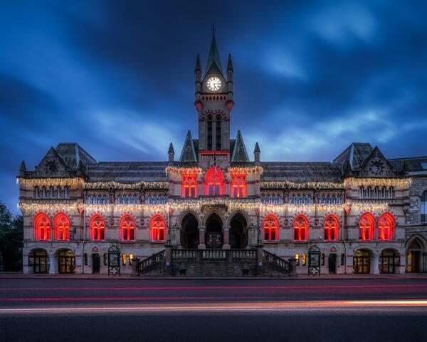 The guildhall under the festive light and colours.