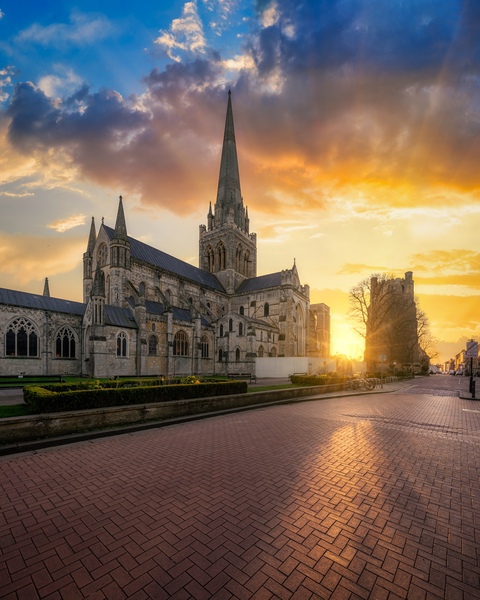 Powerful winter sunset over the Chichester Cathedral.
