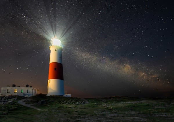 Milky Way caught in the lights of Portland Bill Lighthouse