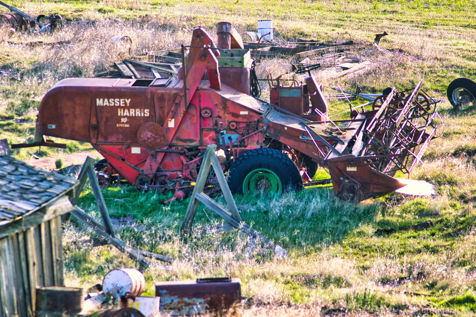 Image of Old Red REO Truck and Harvester by Steve West