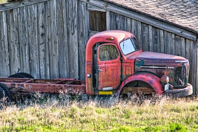 Picture of Old Red REO Truck and Harvester - Old Red REO Truck and Harvester