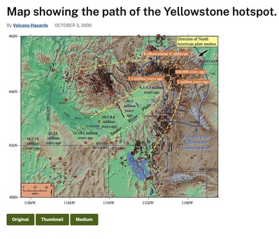I watched a video by a geology professor from Central Washington University who spoke of a volcanic hotspot that began in Oregon moved eastward, and is now in NW Wyoming where Yellowstone National Park is located.  YouTube Video Reference:  https://youtu.be/Z8uybLf-5q0USGS map source:  https://www.usgs.gov/media/images/map-showing-path-yellowstone-hotspot