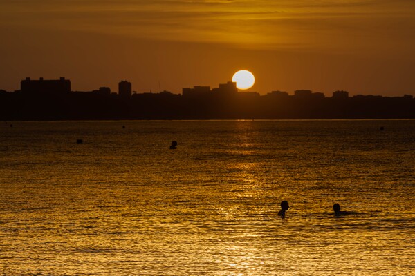 Swimmers watching the Skyline sunrise.