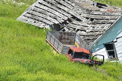 Photo of Collapsed Barn & Flatbed Ford. - Collapsed Barn & Flatbed Ford.