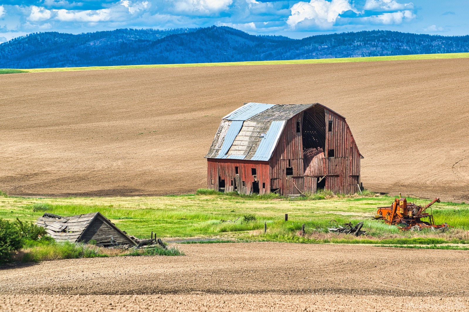 Image of Rusty Old Harvester and Red Barn by Steve West