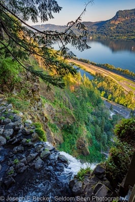 HDR shot of top of Multnomah Falls looking down to the lodge area and the Columbia River