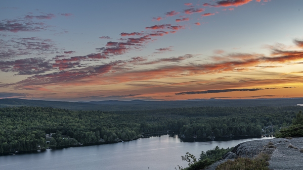 Looking WSW from the Bluff after sunset. Parks Pond in the foreground. In the distance ar the mountains west of Bangor. 