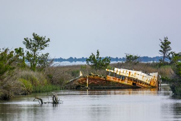The wreck of a fishing boat, abandoned in the marsh.