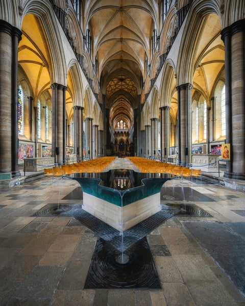 Incredible Salisbury Cathedral with the view over the cathedral font.