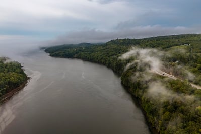 Looking S along the Penobscot River toward the ocean and Penobscot Bay. The road to the right is US-1. The fog was just beginning to lift when I took this picture.