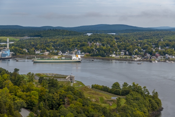 Looking N. Ft. Knox is in the foreground. In the background across the Penobscot River is the Town of Bucksport. The river winds inland in the background.