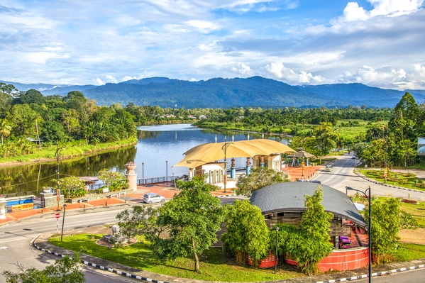 Beautiful view of river front walkway with curve of a river in Lawas town