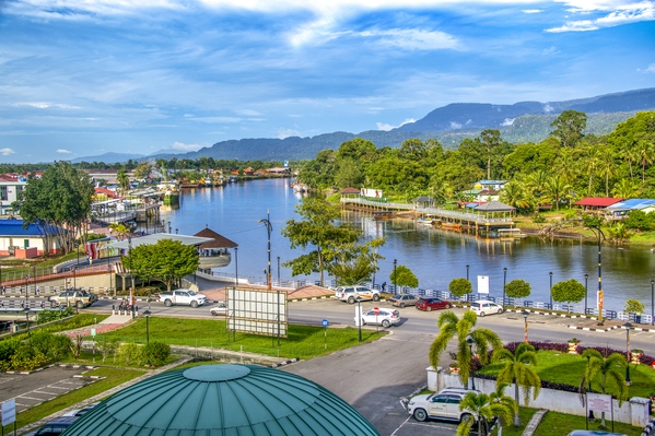 Beautiful view of river front walkway with curve of a river in Lawas town