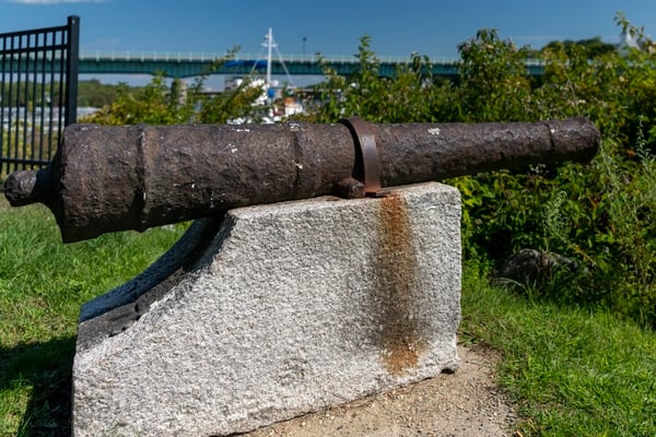 Revolutionary War cannon recovered from an American warship sunk in the river in 1779.