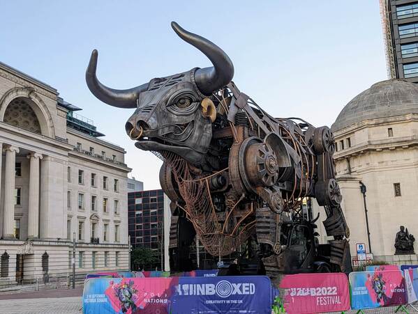 The Commonweath Games Bull in front of the Hall of Memory in Centenary Square, Birmingham