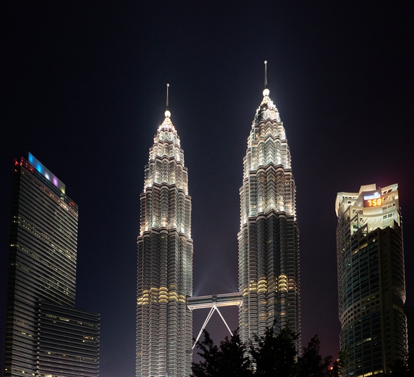 Petronas Towers from across the park at night.