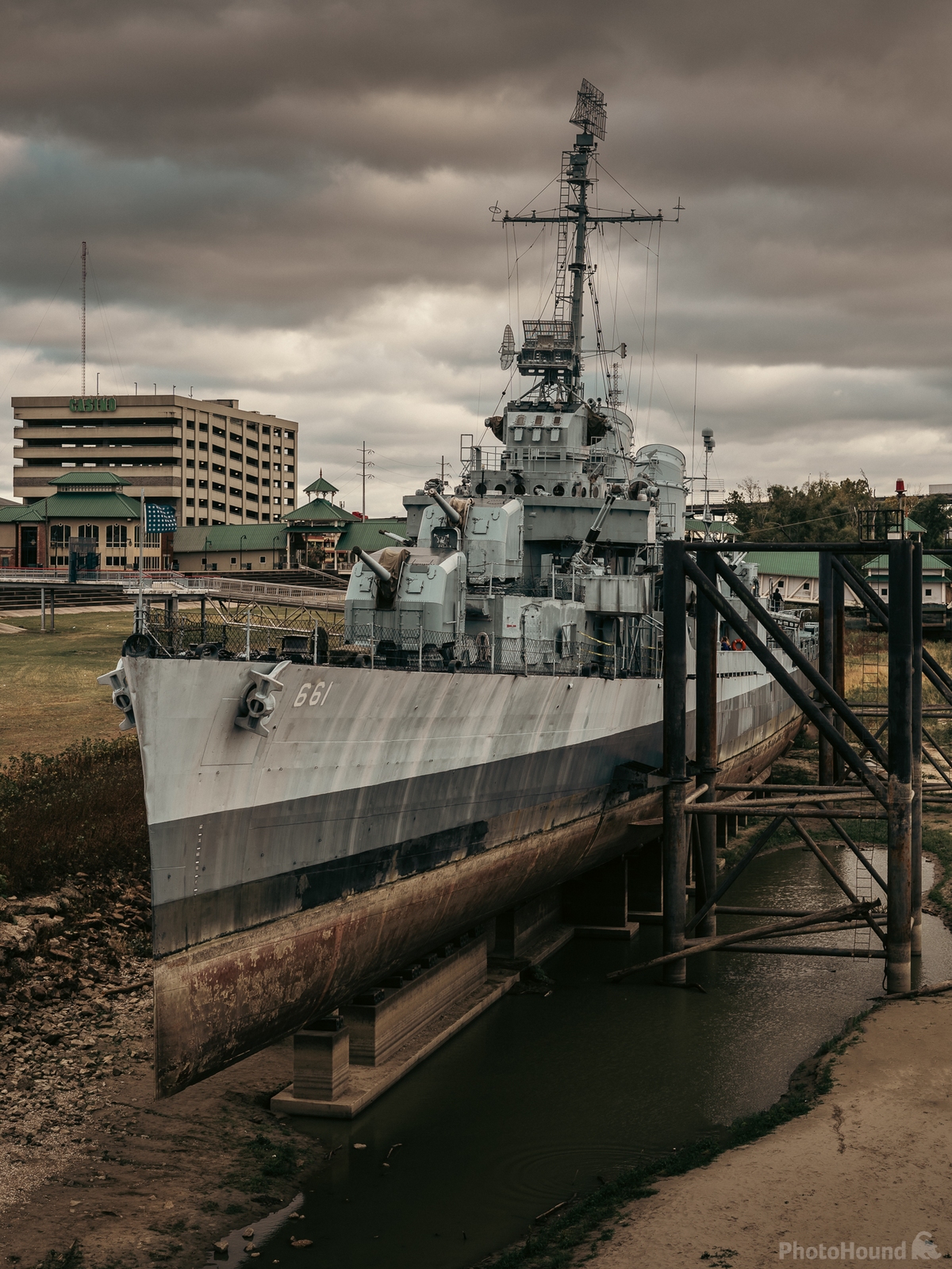 Image of USS Kidd from the Mississippi shoreline by James Billings.