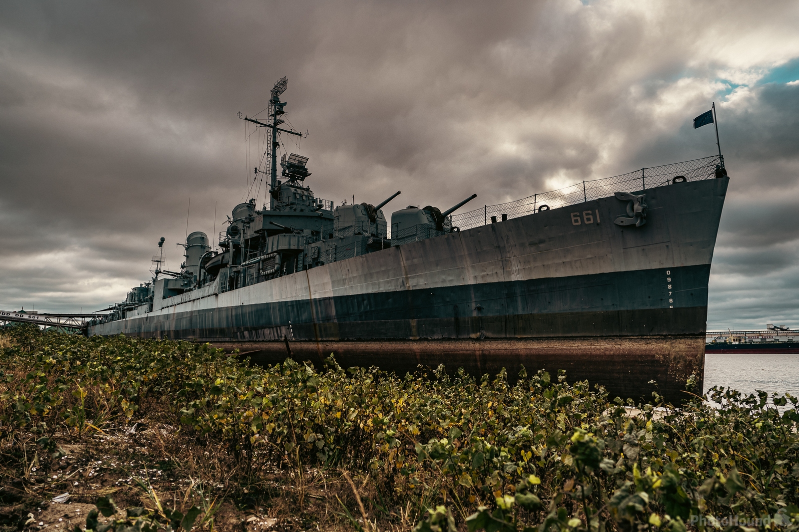 Image of USS Kidd from the Mississippi shoreline by James Billings.